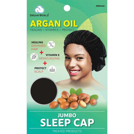 Black satin sleep cap with gathered back ruffle, shown on a woman