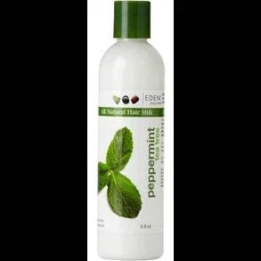 Eden Body Works Peppermint Tea-Tree Hair Milk bottle featuring a peppermint leaf, 8 oz size for healthy hair.