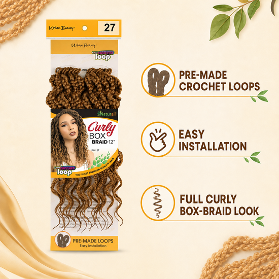 Curly box braid synthetic hair extension package with pre-made crochet loops, brown
