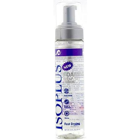 Hair set lotion bottle with pump, clear liquid and purple label text
