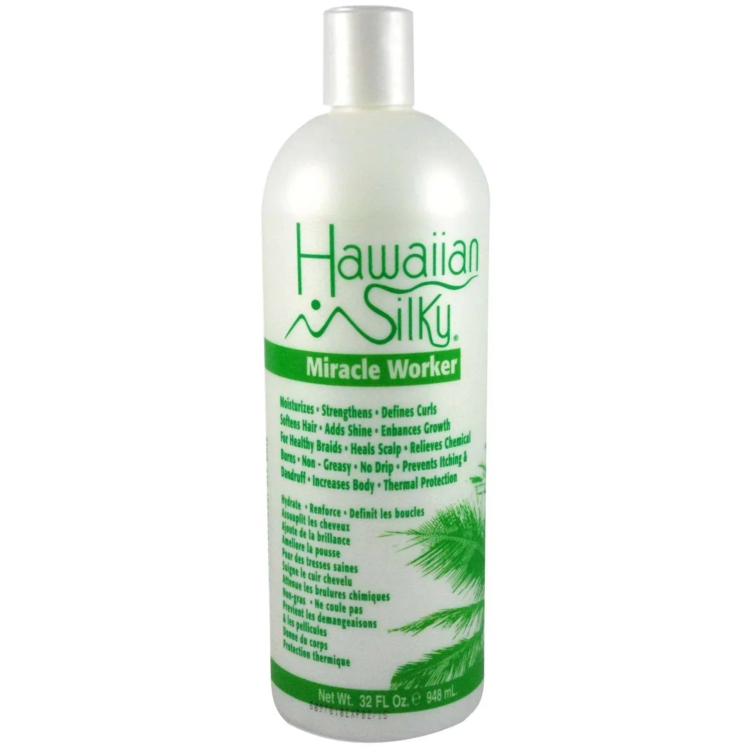 Hawaiian Silky Miracle Worker 14N1 32 oz. hair care product bottle for stronger, shinier, and healthier hair.
