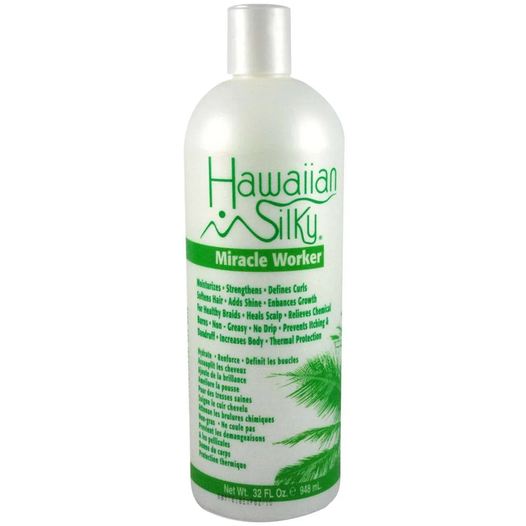 Hawaiian Silky Miracle Worker 14N1 32 oz. hair care product bottle for stronger, shinier, and healthier hair.