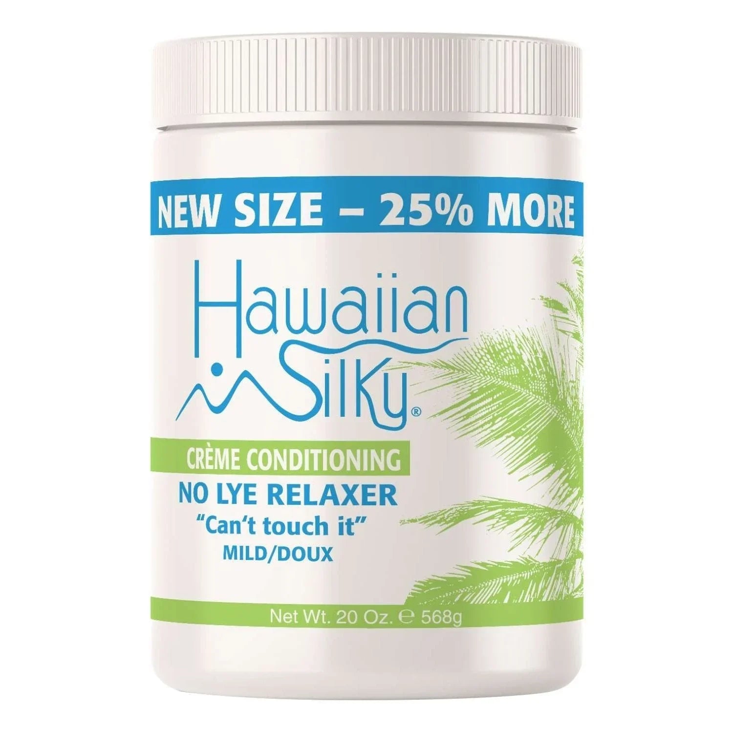 Hawaiian Silky No-Lye 20oz relaxer cream jar with new size label, promoting smooth and silky hair.