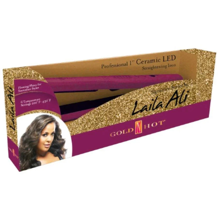 Gold N Hot Ceramic Flat Iron packaging showcasing professional styling for natural hair, including 6 temperature settings.