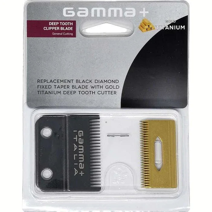 Gamma clipper blade for beard grooming - black diamond fixed taper with gold titanium deep tooth cutter.