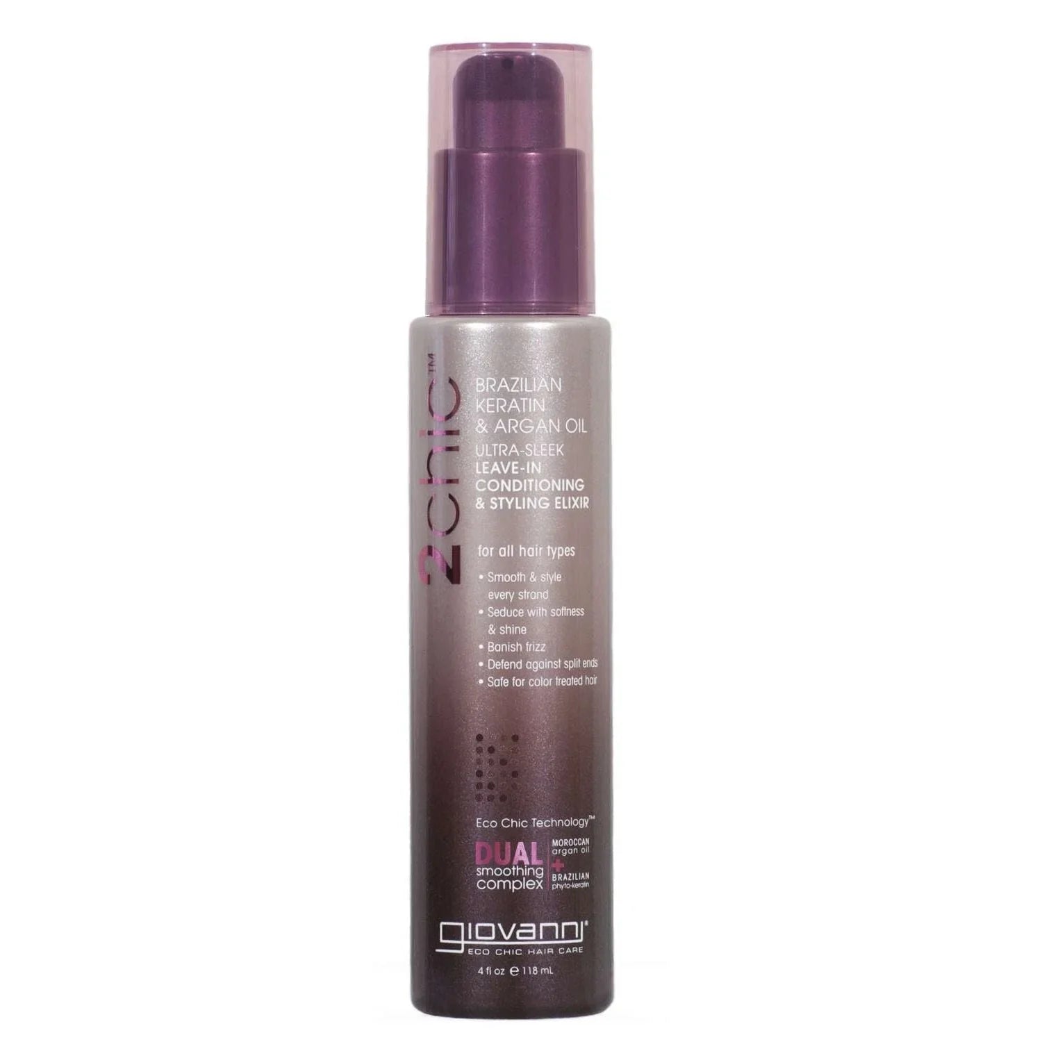 Giovanni 2Chic Brazilian Keratin & Argan Oil Leave-In Conditioning Styling Elixir in a bottle.