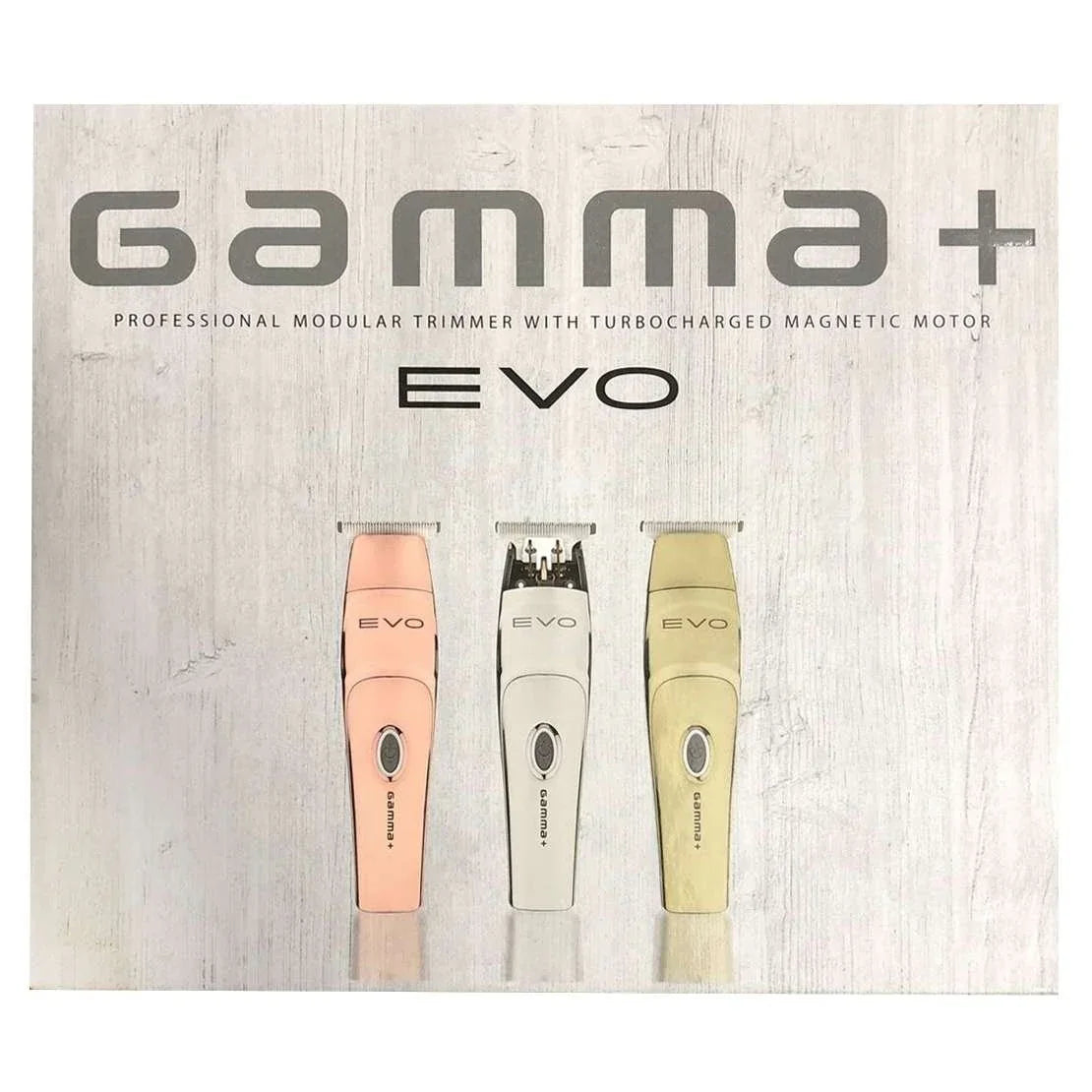 Gamma Evo hair trimmer set showcasing professional modular design with turbocharged magnetic motor.