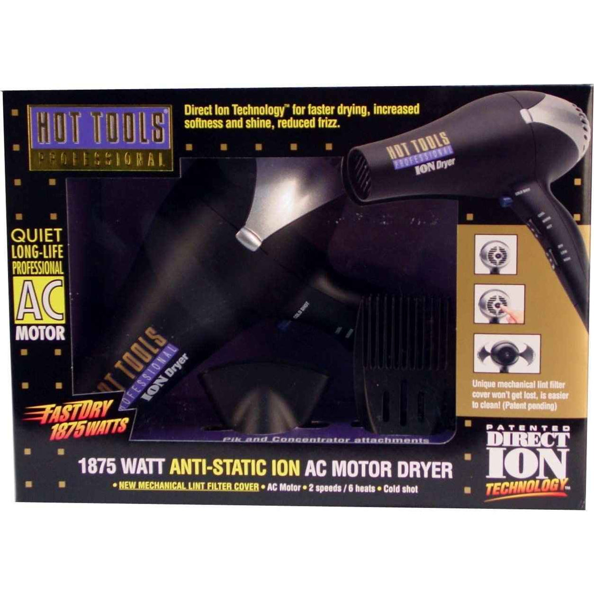 Hot Tools hair dryer with concentrator nozzle, black AC motor body, 2-speed controls