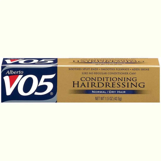 Alberto VO5 hairdress conditioner packaging for normal dry hair, promoting shine and detangling benefits.