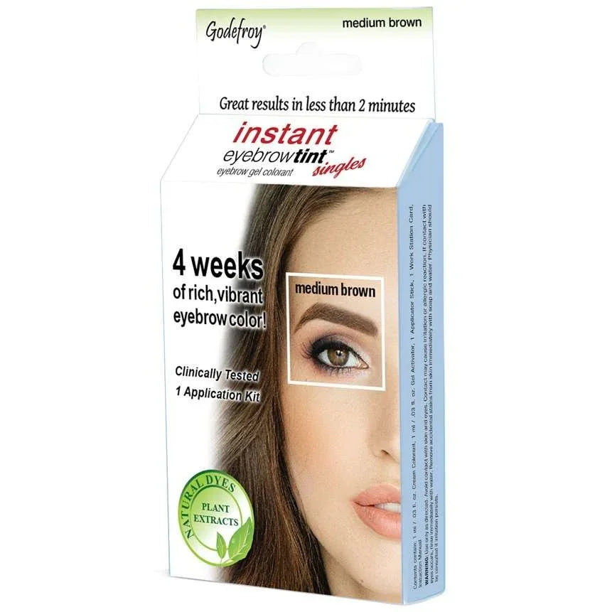 Godefroy Instant Eyebrow Tint Kit in Medium Brown showing before and after results for vibrant eyebrow color.