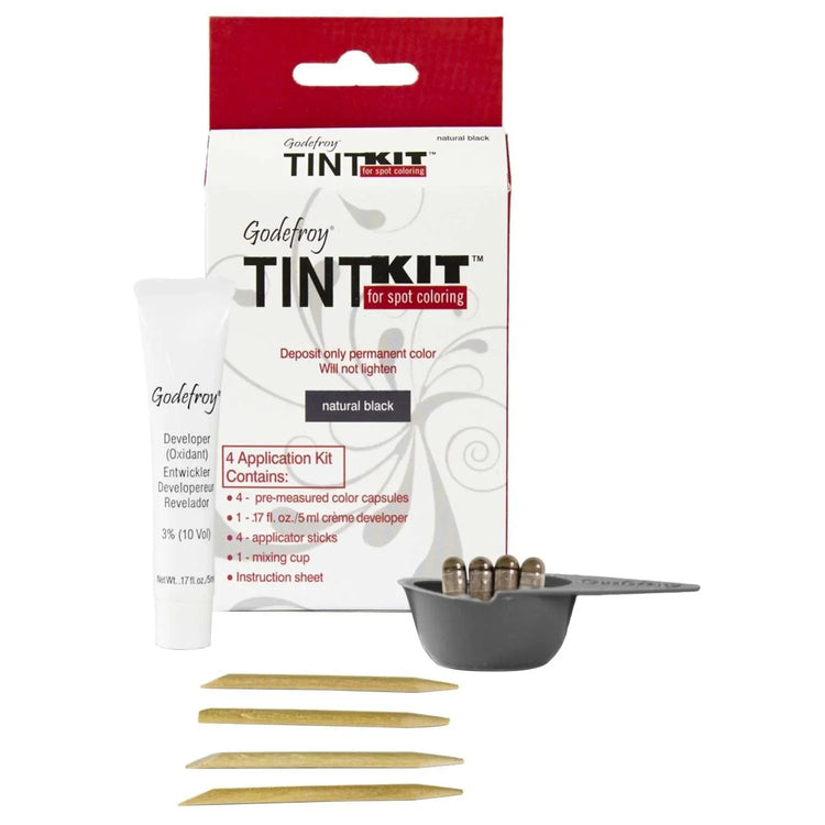 Godefroy Instant Eyebrow Tint Kit display box with application materials for natural black hair coloring.