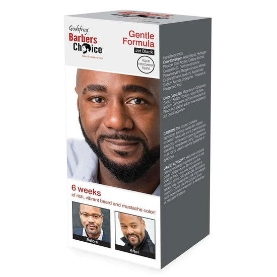 Barbers Choice Beard and Mustache Dye Kit in Jet Black, with before and after images showing rich color results.