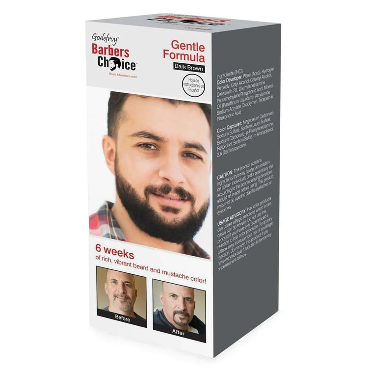 Barbers Choice Beard Mustache Color 3-Application Kit Dark Brown featuring before and after images and easy-to-use instructions.