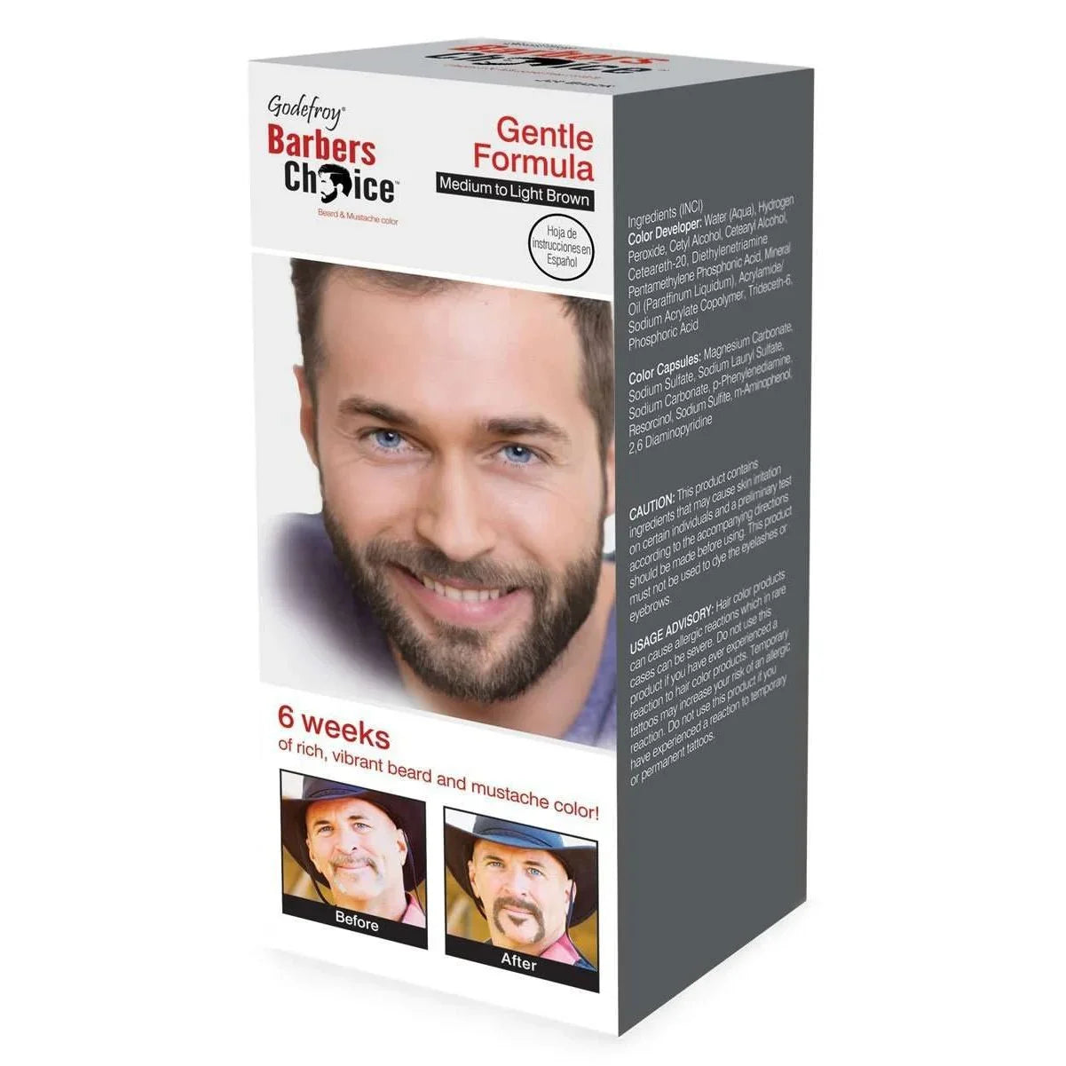 Godefroy Barbers Choice Beard Mustache Color 3-Application Kit in Medium Brown packaging with before and after images.