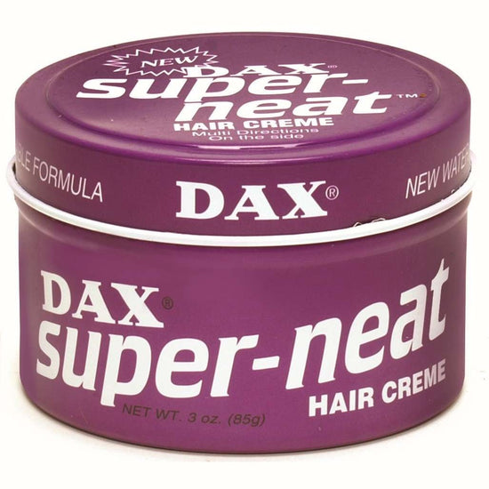 Purple DAX super-neat hair cream jar, screw-top lid, 3 oz (85 g).