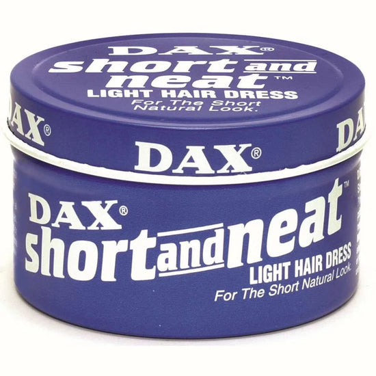 DAX Short Neat Light Hair Dress, a light hold hairdressing product in a round purple tin container.