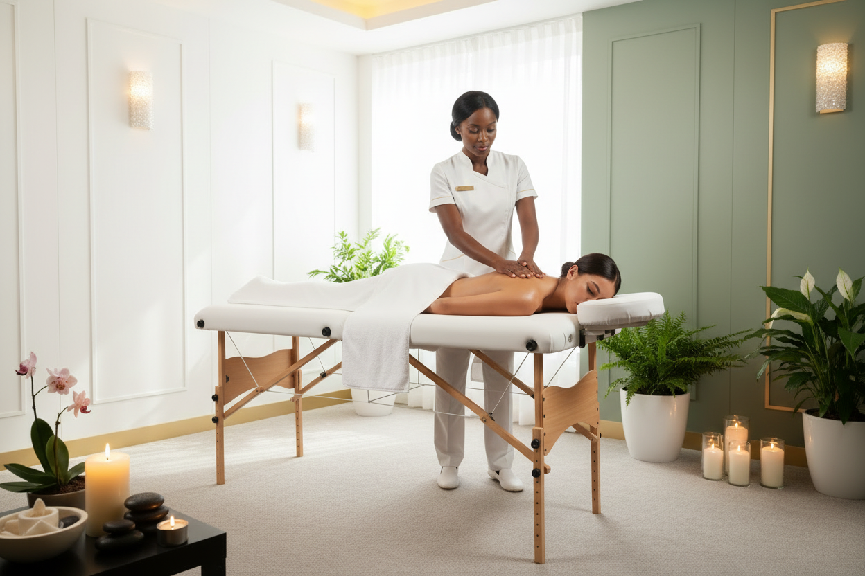 Professional massage table in a relaxing spa setting