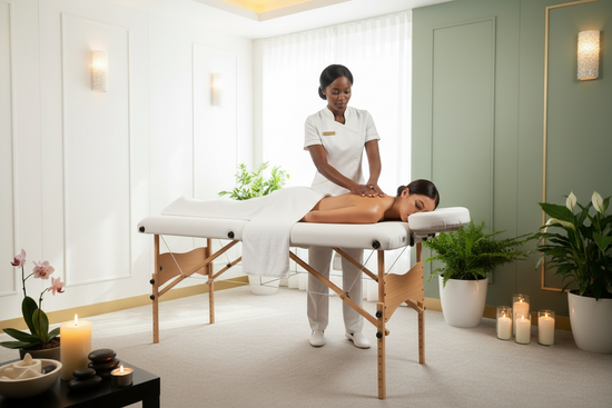 Professional massage table in a relaxing spa setting
