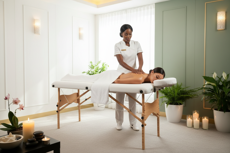 Professional massage table in a relaxing spa setting