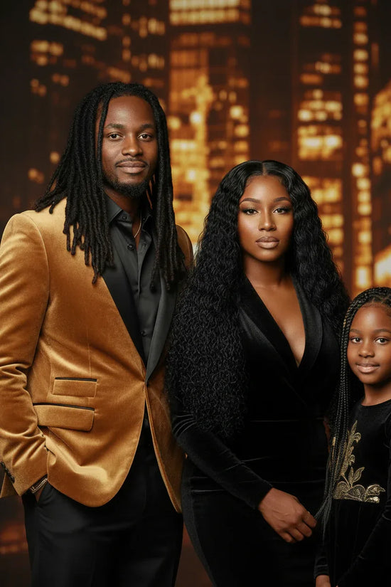 Luxury family portrait with natural hair styles, velvet outfits, and warm city lights background
