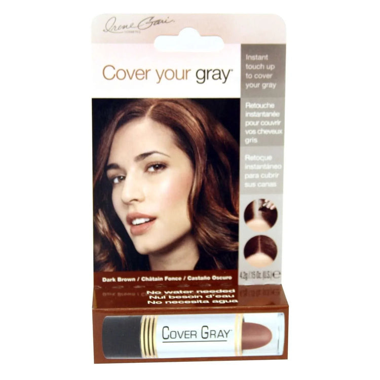 Dark Brown gray hair touch-up stick product packaging with model showing hair application.