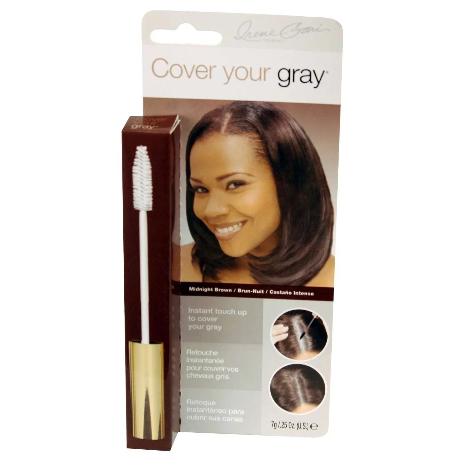 Cover Your Gray Hair Mascara Medium Brown packaging with applicator and model showing application on roots.