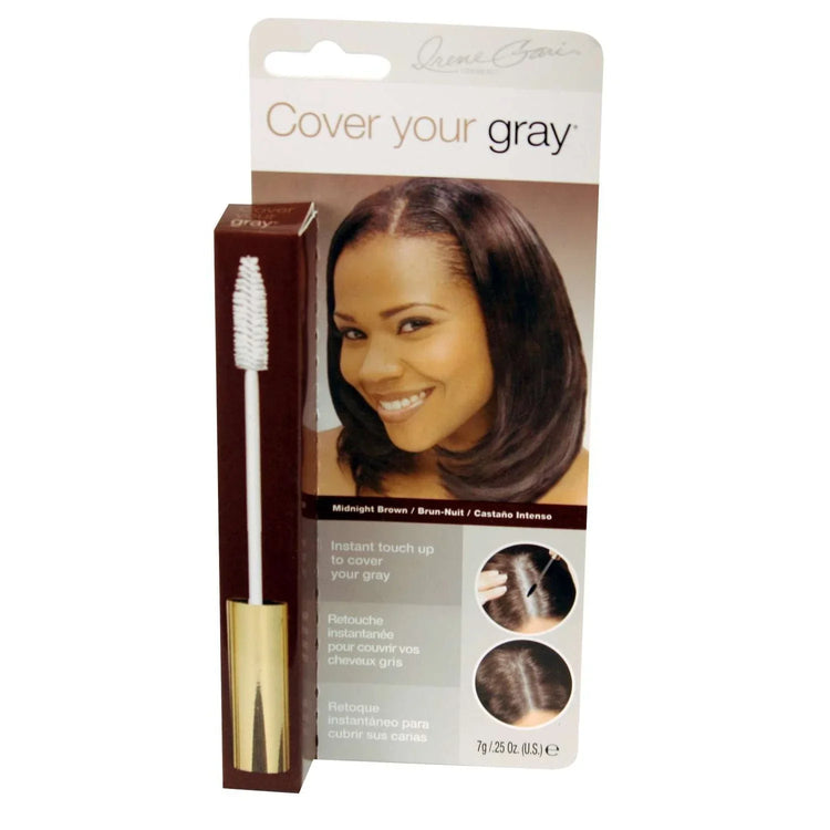Cover Your Gray Hair Mascara Medium Brown packaging with applicator and model showing application on roots.