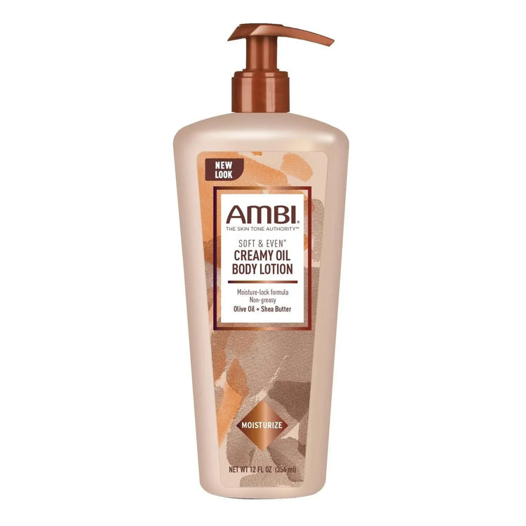Ambi Soft & Even Creamy Oil Body Lotion bottle with pump, enriched with shea butter and olive oil for deep hydration.