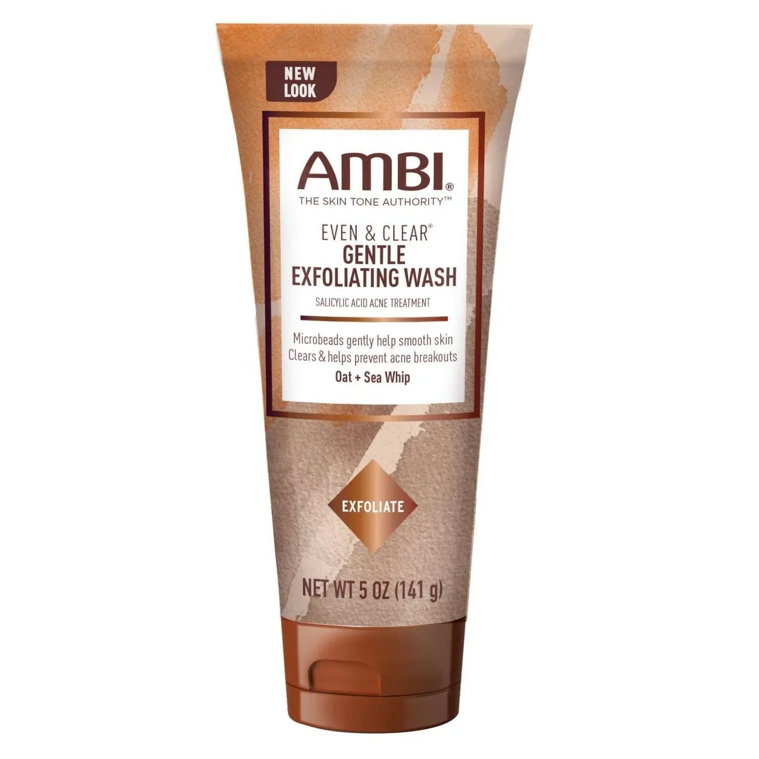 Ambi Even & Clear Gentle Exfoliating Wash for clear skin, enriched with oats and salicylic acid, 5 oz tube.