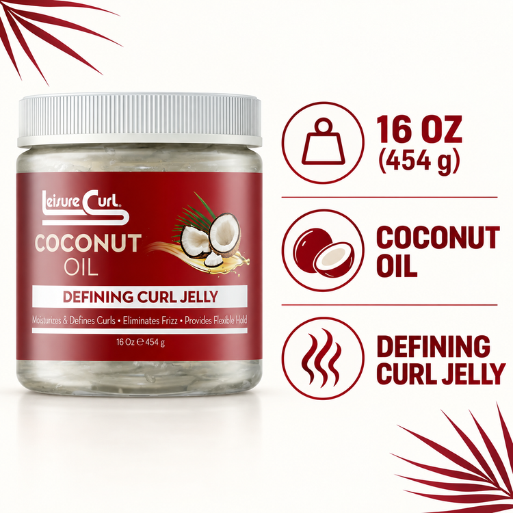 Coconut oil defining curl jelly jar, 16 oz (454 g), front label close-up