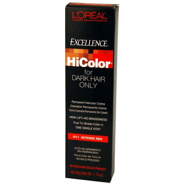 Loreal HiColor Intense Red hair color product packaging for vibrant hues and gray coverage.