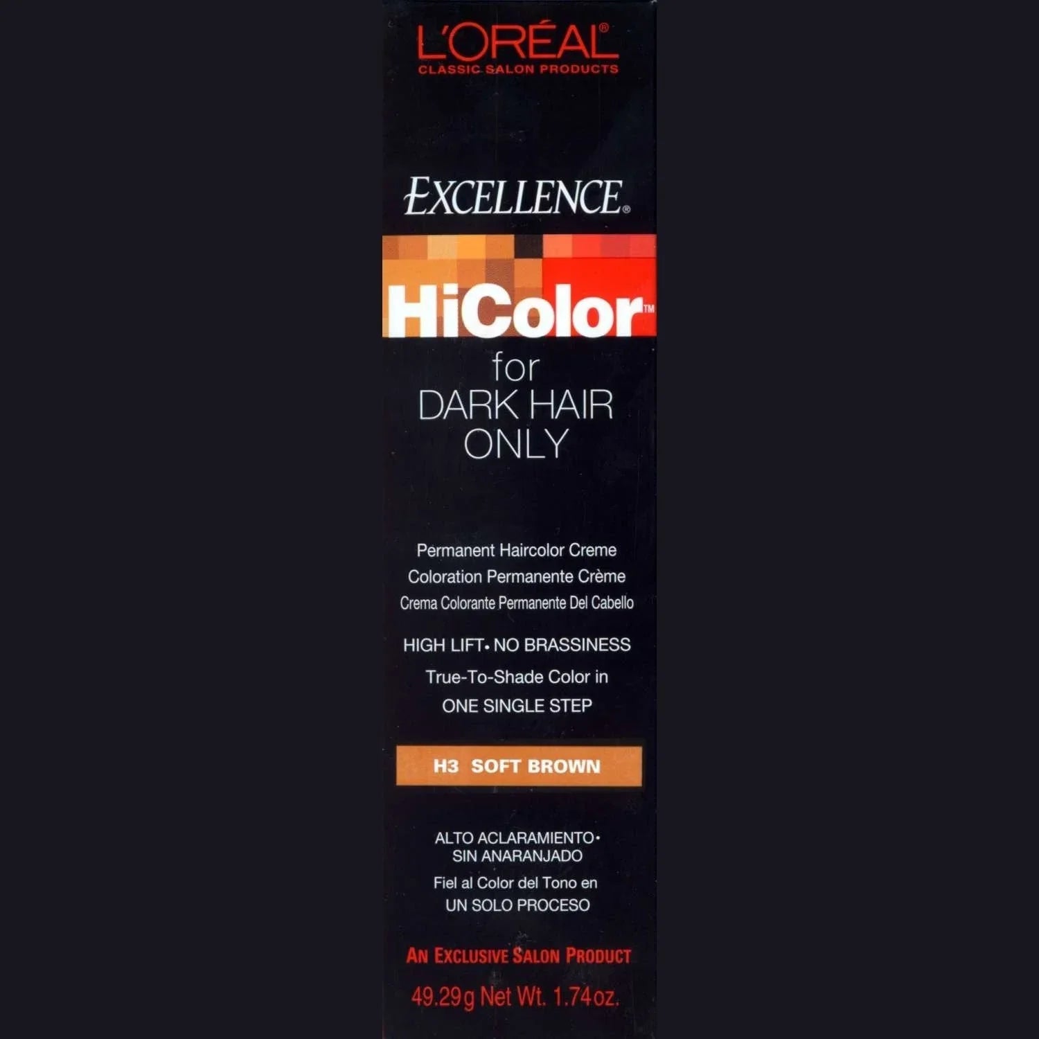 Hicolor Soft Brown hair dye packaging with details on permanent hair color for dark hair.