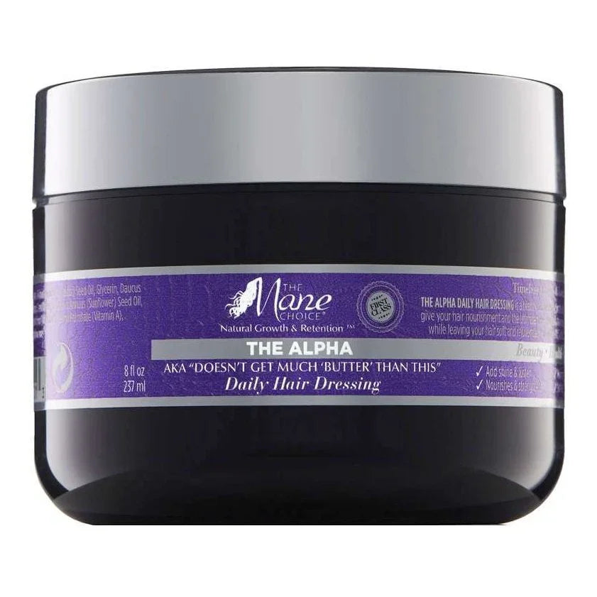 The Mane Choice natural hair dressing product jar offering nourishment for luscious and smooth hair.