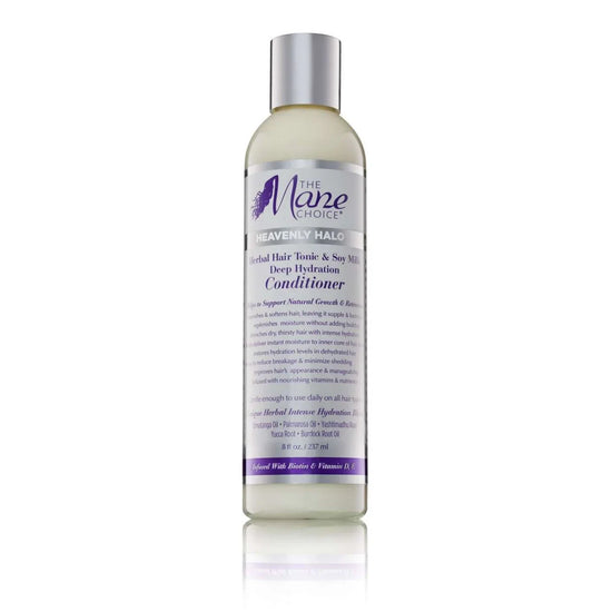The Mane Choice Heavenly Halo Herbal Hair Tonic Soy Milk Deep Hydration Hair Conditioner for restoring and hydrating hair.