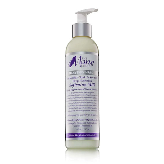 The Mane Choice Heavenly Halo Herbal Hair Tonic Soy Milk Deep Hydration Softening Milk bottle for herbal hair milk nourishment.