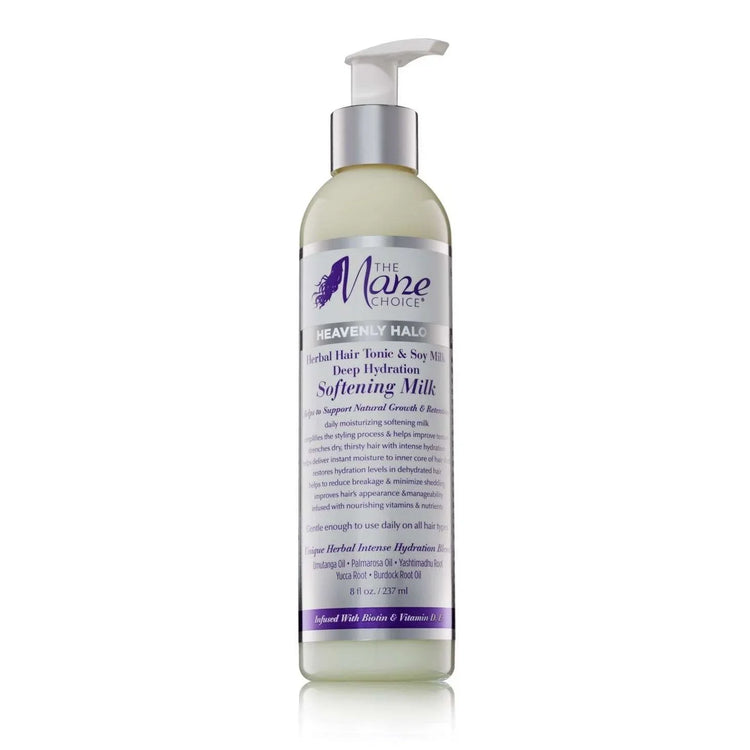The Mane Choice Heavenly Halo Herbal Hair Tonic Soy Milk Deep Hydration Softening Milk bottle for herbal hair milk nourishment.