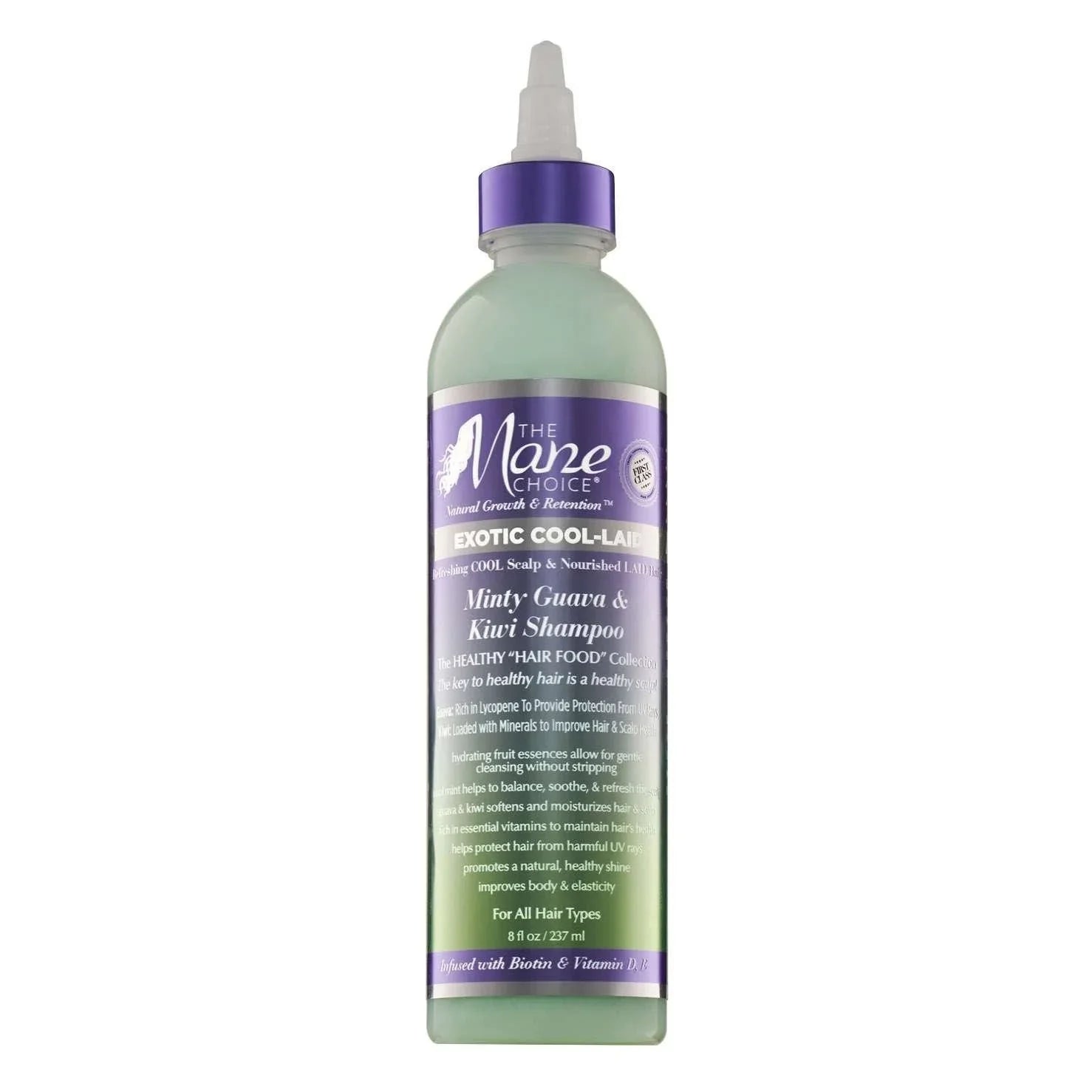 The Mane Choice Exotic Cool-Laid Minty Guava Kiwi Shampoo bottle with refreshing minty formula for hair and scalp care.