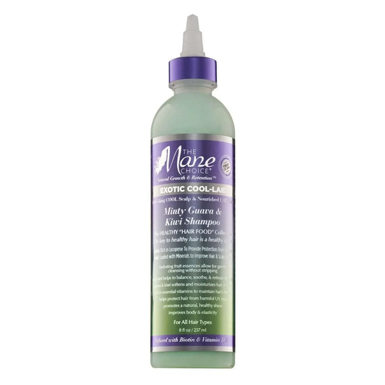 The Mane Choice Exotic Cool-Laid Minty Guava Kiwi Shampoo bottle with refreshing minty formula for hair and scalp care.