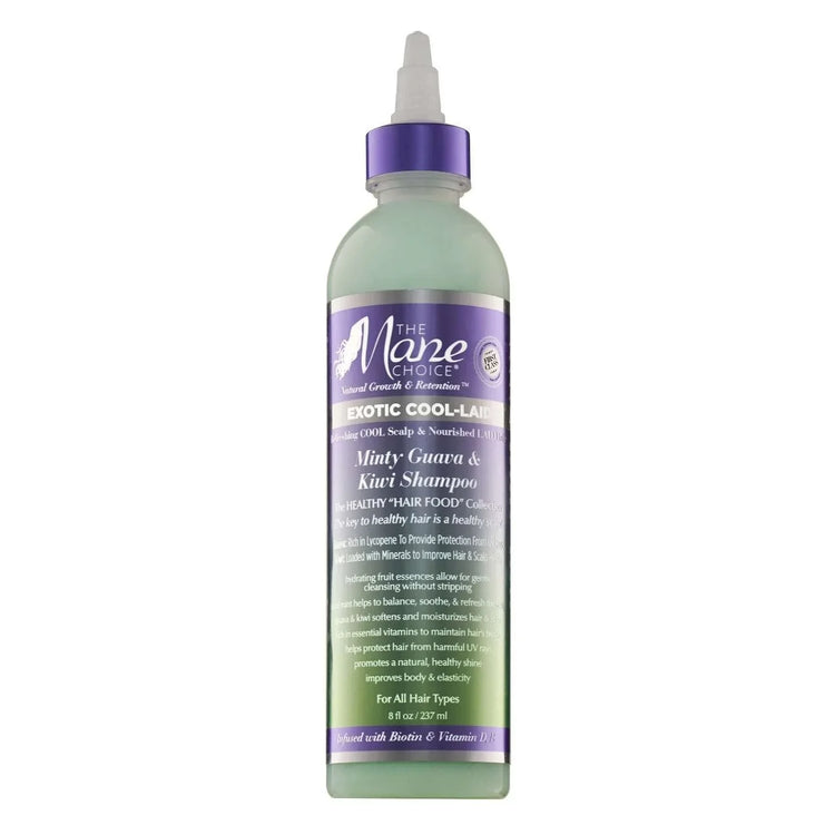 The Mane Choice Exotic Cool-Laid Minty Guava Kiwi Shampoo bottle with refreshing minty formula for hair and scalp care.