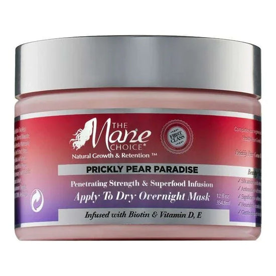 The Mane Choice Prickly Pear Overnight Hair Mask for moisture preservation and hair nourishment.