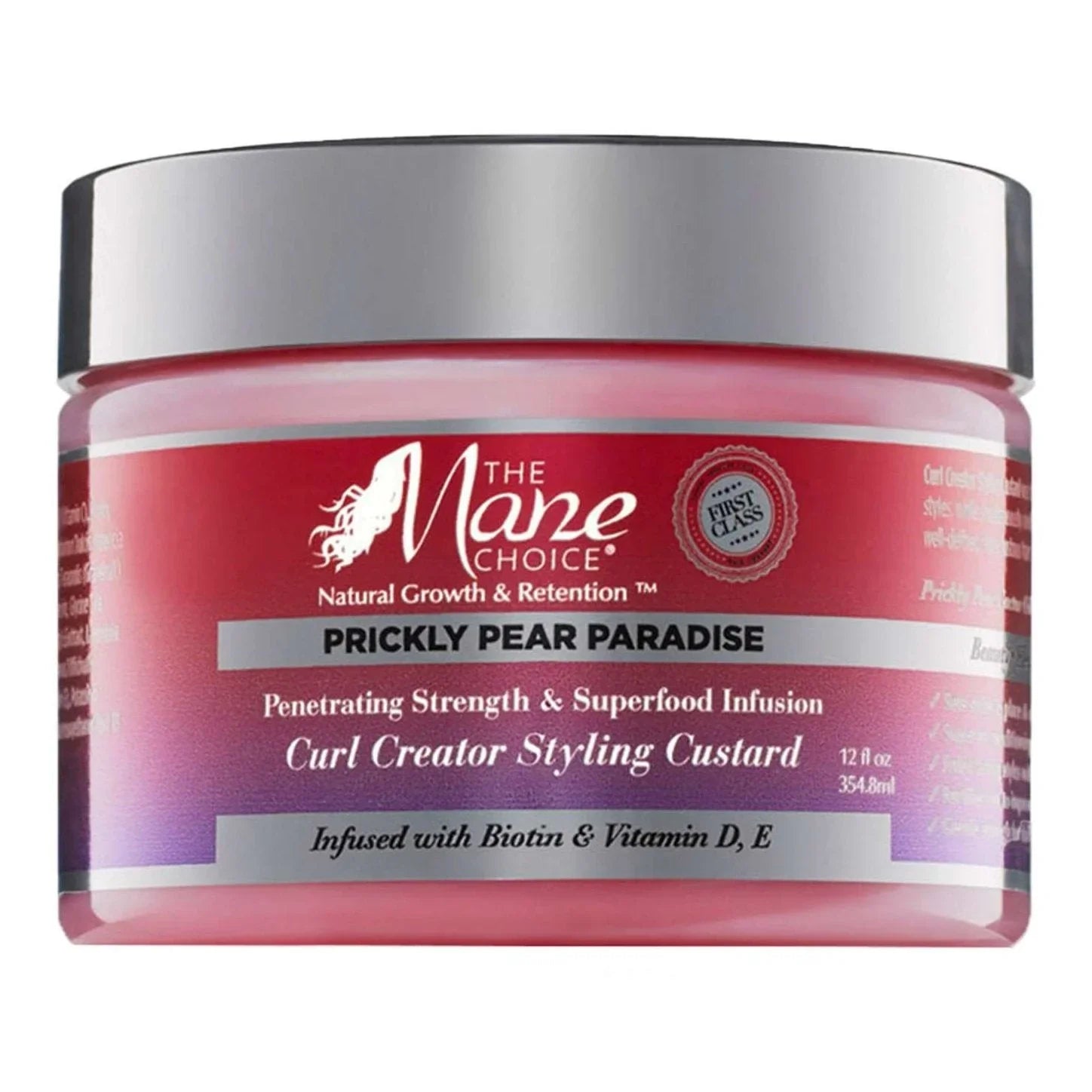 The Mane Choice Prickly Pear Paradise Curl Creator Styling Custard jar, infused with vitamin D and E for healthy, defined curls.