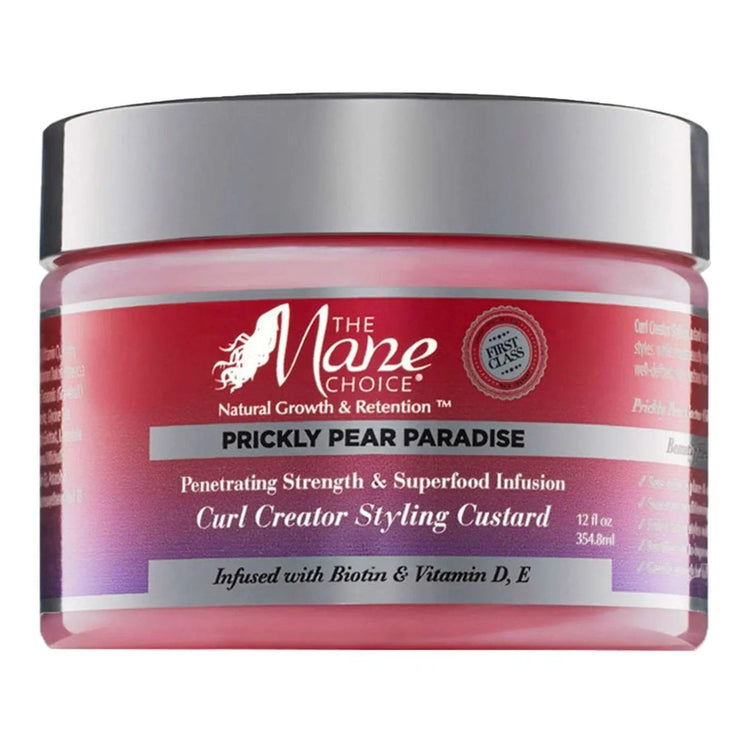 The Mane Choice Prickly Pear Paradise Curl Creator Styling Custard jar, infused with vitamin D and E for healthy, defined curls.