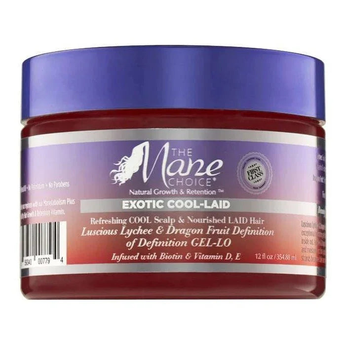 Mane Choice hair gel with lychee and dragon fruit in a jar, perfect for hydration and styling.