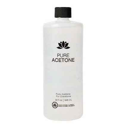 Pure acetone nail polish remover bottle, clear liquid, black cap, 32 oz size