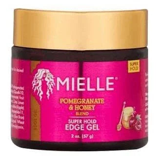 Mielle Pomegranate Honey Blend Super Hold Edge Gel in a 2 oz jar for flawless edges and sleek hairstyles.