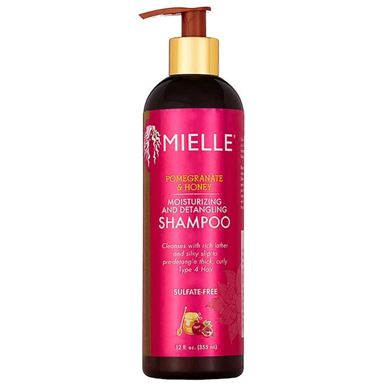 Mielle Pomegranate Honey Moisturizing And Detangling Shampoo bottle for smooth, manageable hair, featuring pomegranate honey shampoo.