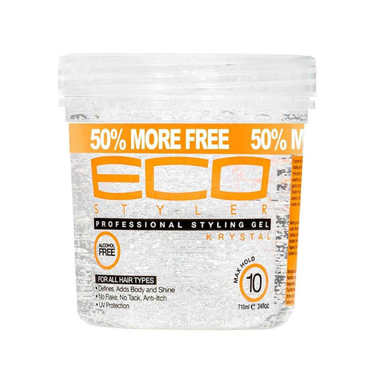 Eco Styler Krystal professional styling gel jar, clear tub with orange label.