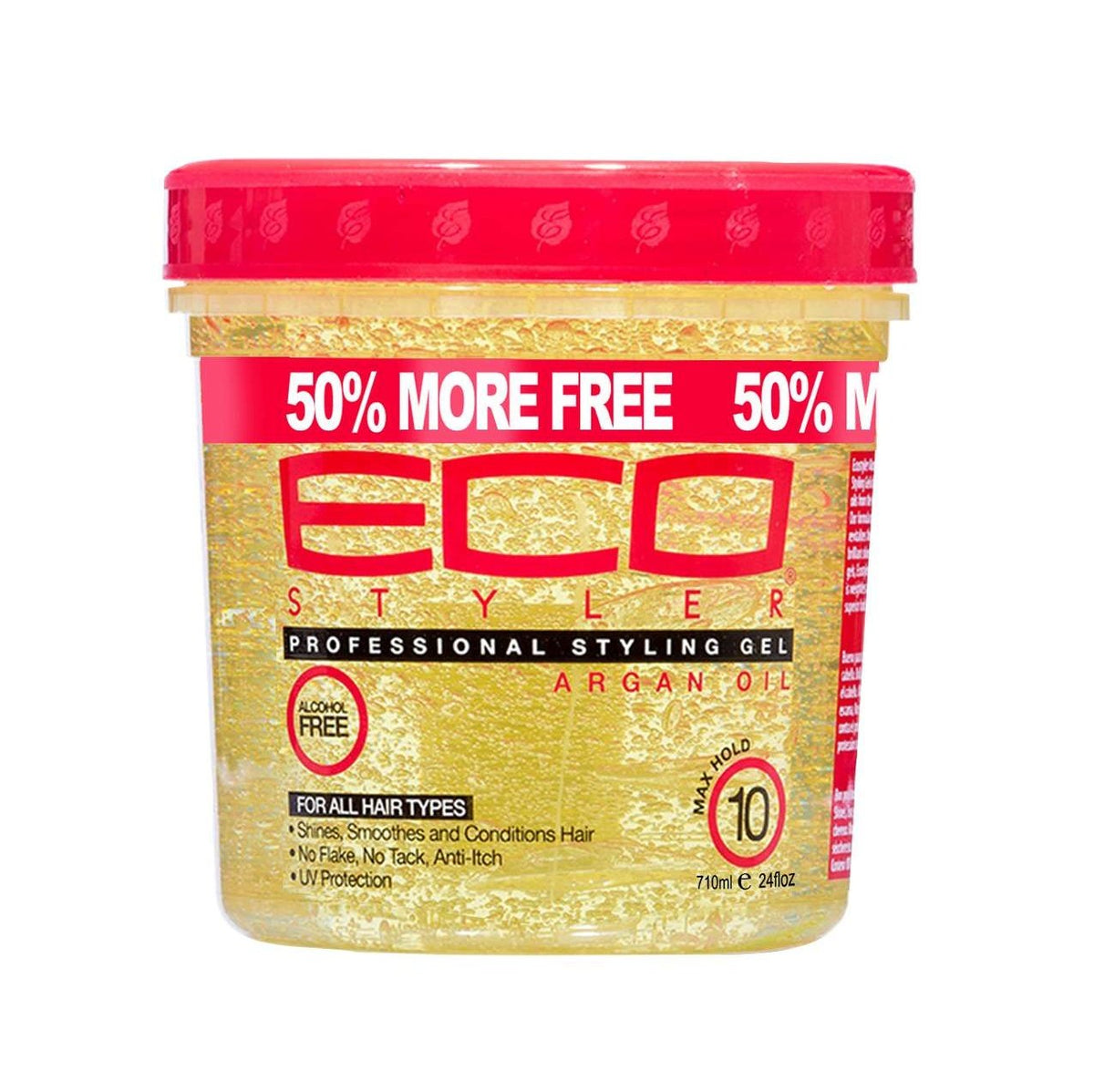 Argan styling gel tub with red lid and golden gel in a clear plastic container
