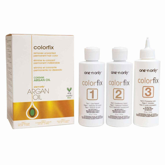 One n Only Colorfix argan oil hair color kit with box and three bottles, 1–3