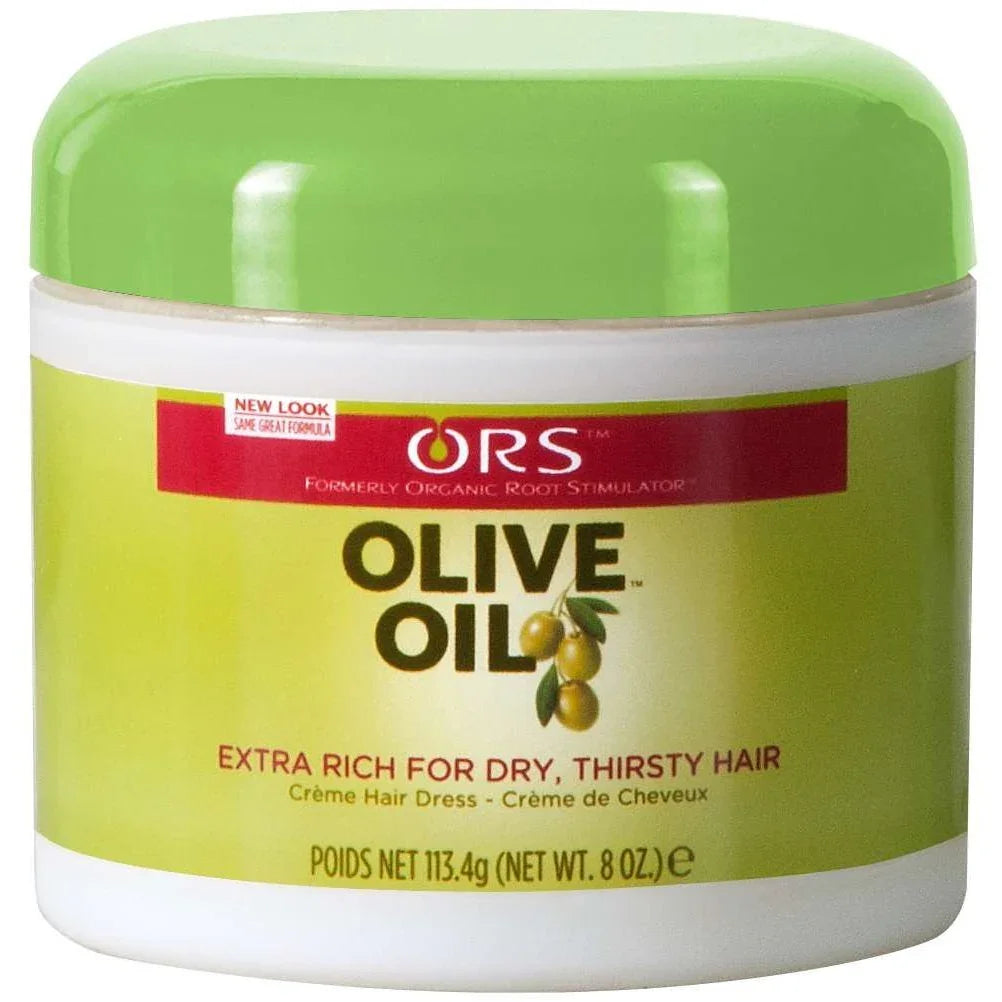 ORS Olive Oil hair treatment in an 8 oz jar, designed to nourish dry, thirsty hair and improve hair health.